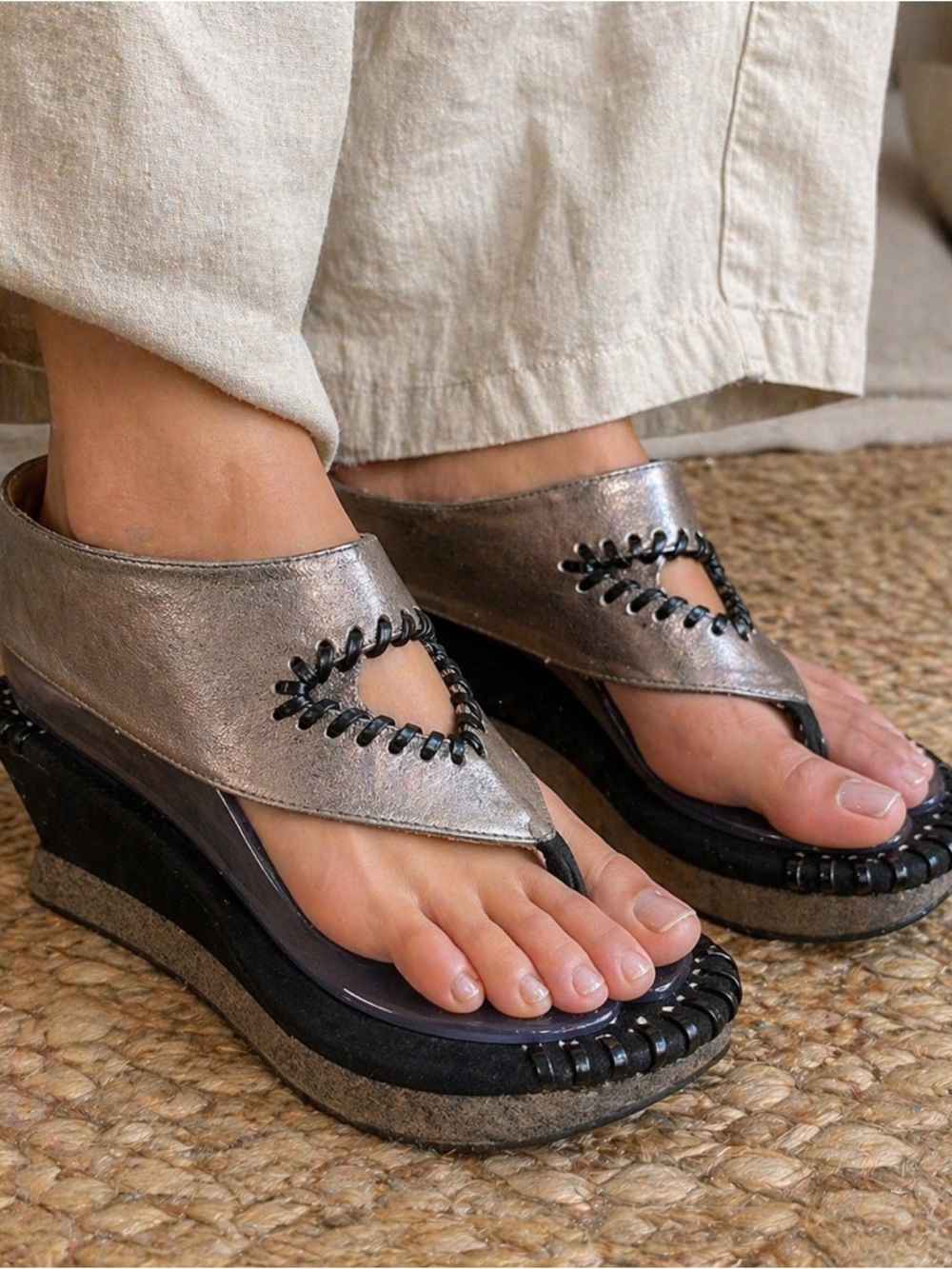 Modzori Size 6 Reversible Leather Wedge Sandals Boho Artisan Thong Metallic